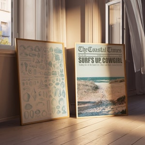 Coastal Cowgirl Set of 2 Prints Beachy Room Decor Newspaper Print Western Blue Wall Art Newspaper Poster Aesthetic Trendy Wall Art
