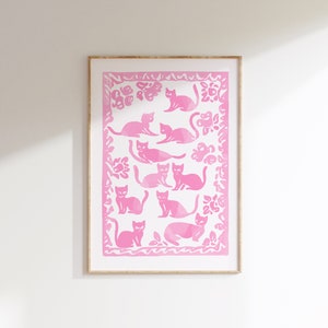 Impression de chat rose chat dessin portrait de chat côtier petite-fille chambre bleu de Delft clair art mural aquarelle peinture saule bleu