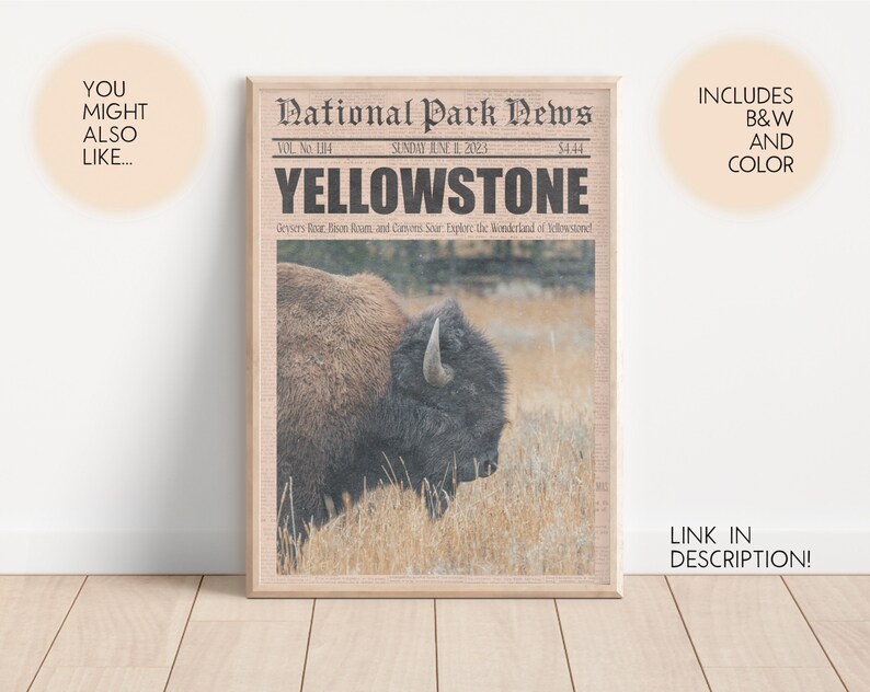May include: A vintage-style newspaper headline announcing "Yellowstone" with a photo of a bison in a grassy field. The headline reads "Geysers Roar, Bison Roam, and Canyon's Roar. Explore the Wonderland of Yellowstone."