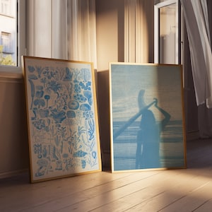 Coastal Cowgirl Set of 2 Prints Surfboard Wall Art Beachy Room Decor Newspaper Print Western Blue Wall Art Poster Aesthetic Trendy Wall Art