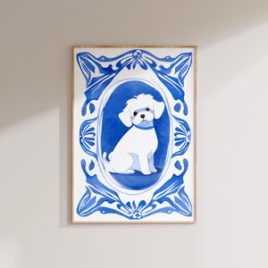 Blue Willow Maltese Print Dog Drawing Dog Portrait Coastal Granddaughter Room Decor Light Delft Blue Wall Art Watercolor Painting