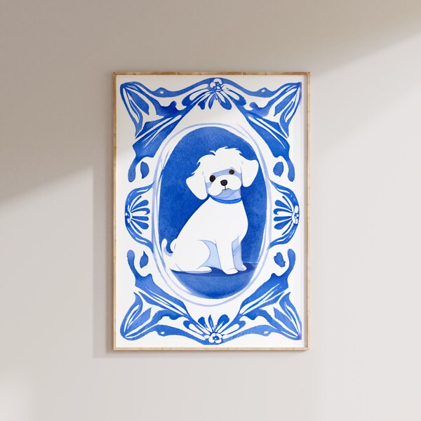 Stampa del cane maltese Blue Willow: arte murale in stile acquerello costiero (download digitale)