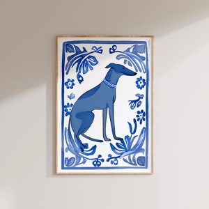 Blue Willow Greyhound Print Dog Drawing Dog Portrait Coastal Granddaughter Room Decor Light Delft Blue Wall Art Watercolor Painting