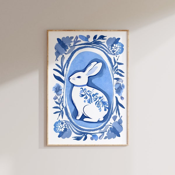 Stampa coniglietto di salice blu: arte murale acquerello blu di Delft (download digitale)