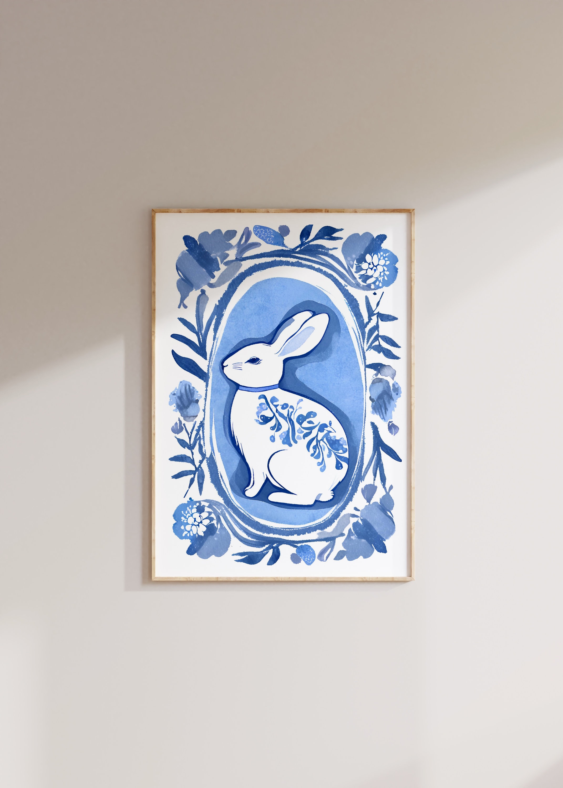 Blue Willow Bunny Print: Delft Blue Watercolor Wall Art (digital