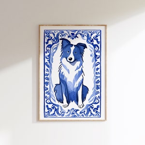 Blue Willow Border Collie Wall Art Dog Drawing Dog Portrait Coastal Granddaughter Room Decor Light Delft Blue Wall Art Watercolor Painting