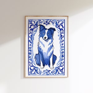ブルーウィローボーダーコリープリント：デルフトブルーの犬の肖像画（デジタルダウンロード）