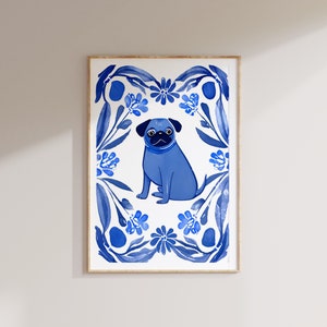 Grafika przedstawiająca mopsa Blue Willow: Portret niebieskiego psa z Delft (pobranie cyfrowe)