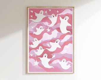 Cute Ghost Print Light Pink and White Halloween Decor Trendy Print Halloween Poster Digital Print
