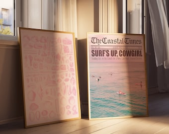 Coastal Cowgirl Newspaper Print Set: Surfs Up, Pink Western Art (Digital Download)