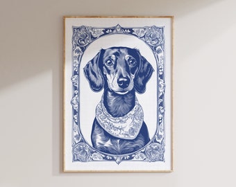 Impresión de perro salchicha Blue Willow: Retrato de perro costero en acuarela (descarga digital)