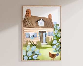 Coastal Cottage Watercolor Print: Nantucket Hydrangeas (Digital Art Print)