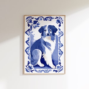 デルフトブルーのオーストラリアンシェパード水彩画：海岸沿いの犬のポートレート（デジタルダウンロード）