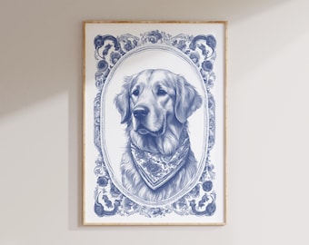 Peut inclure: Une illustration bleue et blanche d'un golden retriever portant un bandana, encadrée dans un cadre orné décoratif.