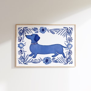Jamnik Blue Willow – wydruk: Portret psa w akwareli w stylu nadmorskim (pobranie cyfrowe)