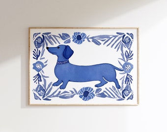 Impresión de perro salchicha Blue Willow: Retrato de perro en acuarela costera (descarga digital)
