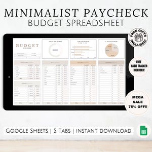 Könnte beinhalten: Ein digitaler Bildschirm, der eine minimalistische Budget-Tabelle in Google Sheets anzeigt. Die Tabelle hat fünf Registerkarten, darunter "Budget", "Einkommen", "Ausgaben", "Ersparnisse" und "Ziele". Die Tabelle soll Benutzern helfen, ihre Einnahmen und Ausgaben zu verfolgen, finanzielle Ziele zu setzen und ihr Geld zu verwalten.