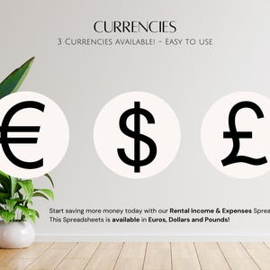 K&ouml;nnte beinhalten: Ein wei&szlig;er Hintergrund mit dem Text "CURRENCIES" und "3 CURRENCIES AVAILABLE! EASY TO USE" in schwarzer Schrift. Drei wei&szlig;e Kreise mit schwarzen W&auml;hrungssymbolen: Euro, Dollar und Pfund Sterling. Der Text unter den Kreisen lautet: "Fangen Sie noch heute an, mehr Geld zu sparen, mit unserer Miet-Einnahmen- und Ausgaben-Tabelle! Diese Tabelle ist in Euro, Dollar und Pfund verf&uuml;gbar!"