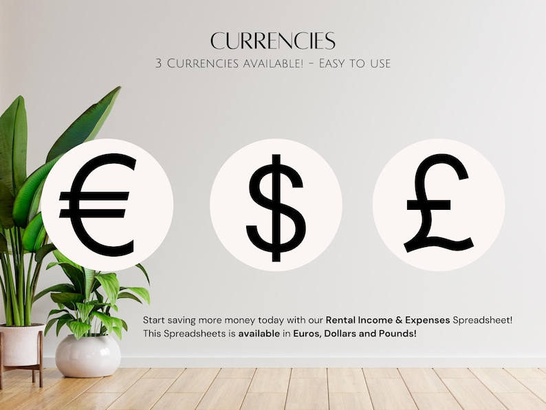 K&ouml;nnte beinhalten: Ein wei&szlig;er Hintergrund mit dem Text "CURRENCIES" und "3 CURRENCIES AVAILABLE! EASY TO USE" in schwarzer Schrift. Drei wei&szlig;e Kreise mit schwarzen W&auml;hrungssymbolen: Euro, Dollar und Pfund Sterling. Der Text unter den Kreisen lautet: "Fangen Sie noch heute an, mehr Geld zu sparen, mit unserer Miet-Einnahmen- und Ausgaben-Tabelle! Diese Tabelle ist in Euro, Dollar und Pfund verf&uuml;gbar!"