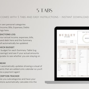 May include: A laptop screen displaying a budget spreadsheet with five tabs labeled "Start", "Transactions Log", "Paycheck Budget", "Calendar", and "Subscription Tracker". The spreadsheet includes a pie chart showing a budget of $6,500.