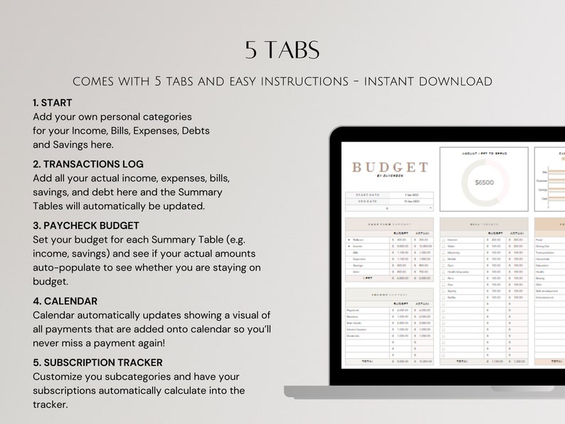 May include: A laptop screen displaying a budget spreadsheet with five tabs labeled "Start", "Transactions Log", "Paycheck Budget", "Calendar", and "Subscription Tracker". The spreadsheet includes a pie chart showing a budget of $6,500.