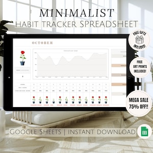 Może przedstawiać: Cyfrowy plik do pobrania minimalistycznego arkusza kalkulacyjnego do śledzenia nawyków w Google Sheets. Arkusz zawiera wykres, kalendarz i sekcję do śledzenia postępów. Obraz zawiera również tekst, który brzmi: "Październik", "Darmowe prezenty w zestawie", "Darmowe wydruki artystyczne w zestawie" i "Mega wyprzedaż 75% zniżki!!".