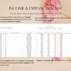 May include: A printable income and expense tracker spreadsheet with a pink floral background. The spreadsheet includes columns for date, product/service, category, amount, tax, fees, net income, and notes. The spreadsheet is designed to help users track their income and expenses for over 5 years.