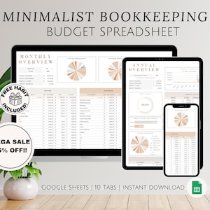 May include: A digital image of a computer screen displaying a minimalist bookkeeping budget spreadsheet template. The spreadsheet has 10 tabs, including a monthly overview, annual overview, and income and expense trackers. The image also includes a free habit tracker and a sale banner with the text "MEGA SALE 75% OFF!!". The text "GOOGLE SHEETS | 10 TABS | INSTANT DOWNLOAD" is displayed at the bottom of the image.