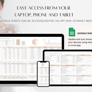 Puede incluir: Una captura de pantalla que muestra c&oacute;mo usar Google Sheets para crear un presupuesto y una lista de verificaci&oacute;n de boda. La imagen muestra una computadora port&aacute;til, un tel&eacute;fono y una tableta que muestran las hojas de c&aacute;lculo. El texto en la imagen dice "Acceso f&aacute;cil desde tu computadora port&aacute;til, tel&eacute;fono y tableta. Google Sheets se puede acceder/editar a trav&eacute;s de la aplicaci&oacute;n y el navegador de Internet. Presupuesto de boda. Lista de verificaci&oacute;n de boda. Google Sheets. Actualiza y sincroniza entre tus dispositivos usando hojas de c&aacute;lculo o aplicaciones de Excel."