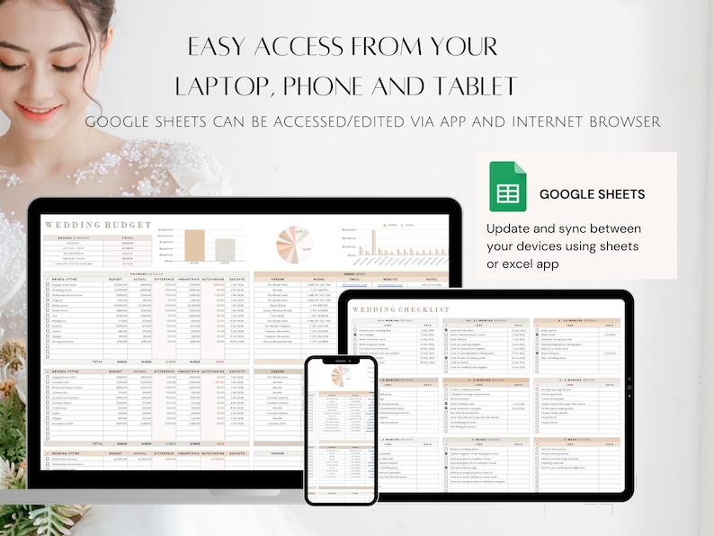 Puede incluir: Una captura de pantalla que muestra c&oacute;mo usar Google Sheets para crear un presupuesto y una lista de verificaci&oacute;n de boda. La imagen muestra una computadora port&aacute;til, un tel&eacute;fono y una tableta que muestran las hojas de c&aacute;lculo. El texto en la imagen dice "Acceso f&aacute;cil desde tu computadora port&aacute;til, tel&eacute;fono y tableta. Google Sheets se puede acceder/editar a trav&eacute;s de la aplicaci&oacute;n y el navegador de Internet. Presupuesto de boda. Lista de verificaci&oacute;n de boda. Google Sheets. Actualiza y sincroniza entre tus dispositivos usando hojas de c&aacute;lculo o aplicaciones de Excel."