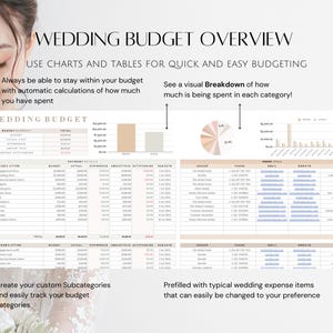 Puede incluir: Un planificador de presupuesto de boda con gr&aacute;ficos y tablas para ayudar a realizar un seguimiento de los gastos. El planificador incluye un resumen del presupuesto, un desglose de los gastos por categor&iacute;a y una representaci&oacute;n visual del gasto. El planificador est&aacute; dise&ntilde;ado para ayudar a las parejas a mantenerse dentro de su presupuesto y realizar un seguimiento de su progreso.