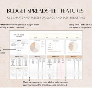 Op de afbeelding: Een printbare budgetspreadsheet-sjabloon met grafieken en tabellen om inkomsten, uitgaven en schulden bij te houden. De spreadsheet bevat een sectie om overgebleven geld van eerdere maanden in te voeren en een sectie om rekeningen en schuldenbetalingen bij te houden.