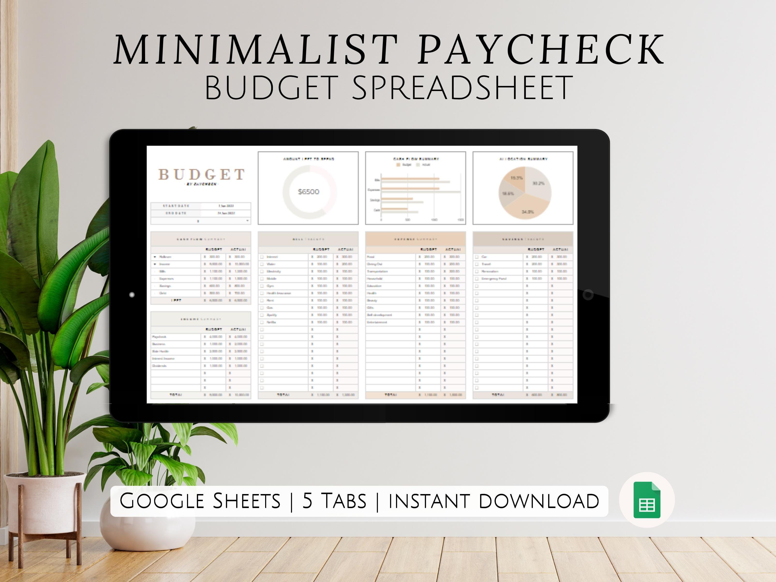 Ultimate Minimalist Paycheck Budget Google Sheets Spreadsheet for ...