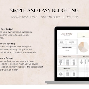 Op de afbeelding: Een laptopscherm met een budgetteringsspreadsheet met de titel "Simple and Easy Budgeting". De spreadsheet bevat een cirkeldiagram, staafdiagrammen en tabellen met categorie&euml;n voor inkomsten, rekeningen, uitgaven en besparingen. De spreadsheet is voor de maand januari.