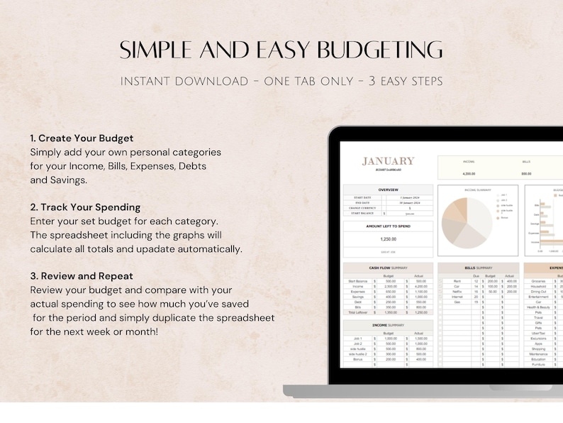 Op de afbeelding: Een laptopscherm met een budgetteringsspreadsheet met de titel "Simple and Easy Budgeting". De spreadsheet bevat een cirkeldiagram, staafdiagrammen en tabellen met categorie&euml;n voor inkomsten, rekeningen, uitgaven en besparingen. De spreadsheet is voor de maand januari.