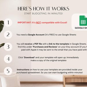 Puede incluir: Un fondo blanco con una planta verde en el lado izquierdo de la imagen. La imagen contiene una lista de cinco pasos sobre c&oacute;mo usar una plantilla de presupuesto de Google Sheets. El texto de la imagen dice: "HERE'S HOW IT WORKS START BUDGETING IN MINUTES! IMPORTANT: It's NOT compatible with Excel! GOOGLE SHEETS You need a Google Account (it's FREE) to use Google Sheets You will receive a PDF file with a link to the template in Google Sheets. You'll find this under 'Purchases and Reviews' on your Etsy account (if you have paid with Apple it may be sent to the email that you have paid with) Click 'Download' and your template will open up. Immediately make a copy of the original template Instructions on how to use your template are provided inside your purchased spreadsheet. So you can start budgeting within minutes!"