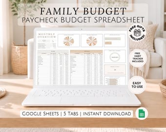 Google Sheets Family Paycheck Budget Spreadsheet Household Salary Planner Kids Bills Spending Tracker Home Monthly Finances for Families
