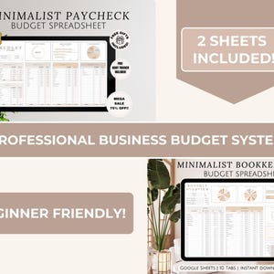 May include: A digital product image featuring a minimalist paycheck budget spreadsheet. The image includes the text "Professional Business Budget System" and "Beginner Friendly!" with a "Mega Sale" offer. The product includes 2 sheets.