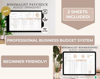 Professional Budget Spreadsheet Bundle Google Sheets Paycheck Bookkeeping Tracker for Entrepreneurs Freelancers Work & Small Business Owners