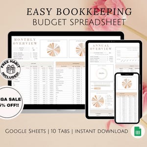 Easy Bookkeeping Google Sheets Budget Spreadsheet Monthly Annual Planner Income Expense Tracker for Entrepreneurs Small Business Owners WFH