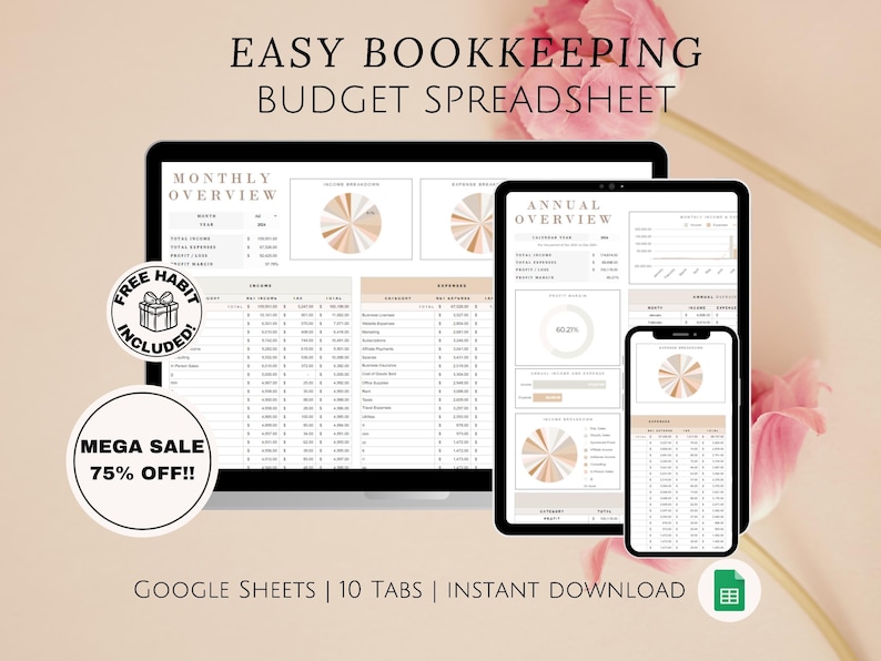May include: A digital product listing for a Google Sheets budget spreadsheet. The image shows a computer screen with a spreadsheet titled "Monthly Overview" and a second screen with a spreadsheet titled "Annual Overview". The text "FREE HABIT INCLUDED" and "MEGA SALE 75% OFF!!" is displayed on the image. The text "GOOGLE SHEETS | 10 TABS | INSTANT DOWNLOAD" is displayed at the bottom of the image.