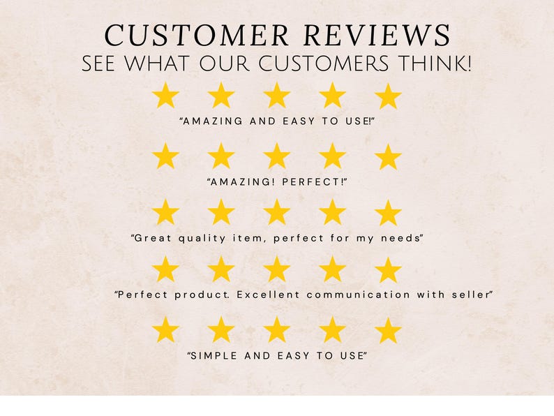 Op de afbeelding: Een grafiek met vijfsterrenbeoordelingen en klantrecensies. De recensies omvatten "Geweldig en gemakkelijk te gebruiken", "Geweldig! Perfect!", "Artikel van hoge kwaliteit, perfect voor mijn behoeften", "Perfect product. Uitstekende communicatie met de verkoper", en "Eenvoudig en gemakkelijk te gebruiken".