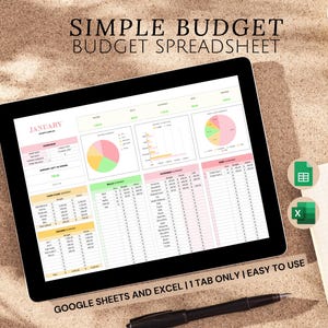 May include: A digital budget spreadsheet on a laptop screen with the title "SIMPLE BUDGET BUDGET SPREADSHEET". The spreadsheet is for the month of January and includes a pie chart, bar graph, and tables for income and expenses. The text "GOOGLE SHEETS AND EXCEL | 1 TAB ONLY | EASY TO USE" is at the bottom of the screen.