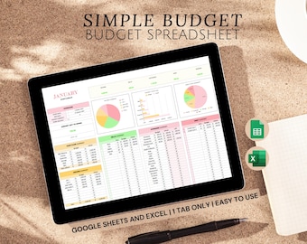 May include: A digital budget spreadsheet on a laptop screen with the title "SIMPLE BUDGET BUDGET SPREADSHEET". The spreadsheet is for the month of January and includes a pie chart, bar graph, and tables for income and expenses. The text "GOOGLE SHEETS AND EXCEL | 1 TAB ONLY | EASY TO USE" is at the bottom of the screen.