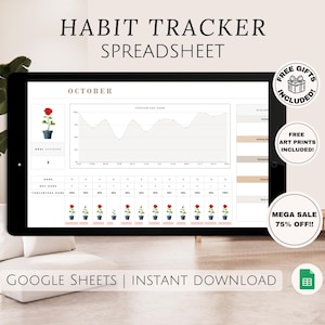 May include: A digital habit tracker spreadsheet displayed on a tablet. The screen shows a graph and data for October, with the words "Habit Tracker Spreadsheet" at the top. Includes free gifts and art prints.