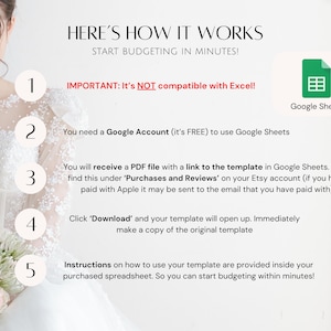 Puede incluir: Un vestido de novia blanco con un ramo de flores. La imagen incluye una gu&iacute;a paso a paso sobre c&oacute;mo usar una plantilla de presupuesto de boda. La gu&iacute;a indica que la plantilla no es compatible con Excel y requiere una cuenta de Google para usarla. La plantilla est&aacute; disponible para descargar en PDF con un enlace a la plantilla en Google Sheets.