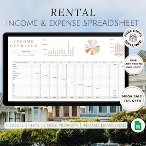 May include: A digital spreadsheet template for tracking rental income and expenses. The template is designed for Google Sheets and includes a pie chart, bar graphs, and a table. The text on the image reads "Rental Income & Expense Spreadsheet", "Income Overview", "Free Gifts Included", "Free Art Prints Included", "Mega Sale 75% Off!!", and "Google Sheets | Single Property | Instant Download".