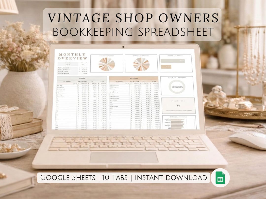 Vintage Shop Bookkeeping Spreadsheet Antique Store Revenue Expense ...