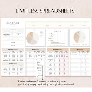 Op de afbeelding: Een beige en witte spreadsheet-sjabloon voor het budgetteren en bijhouden van financi&euml;n. De spreadsheet is gelabeld "Januari" en bevat secties voor kasstroom, rekeningen, uitgaven en schulden. De spreadsheet bevat ook grafieken en diagrammen om financi&euml;le gegevens te visualiseren.