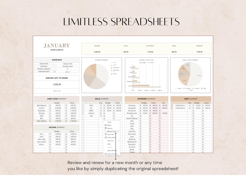 Op de afbeelding: Een beige en witte spreadsheet-sjabloon voor het budgetteren en bijhouden van financi&euml;n. De spreadsheet is gelabeld "Januari" en bevat secties voor kasstroom, rekeningen, uitgaven en schulden. De spreadsheet bevat ook grafieken en diagrammen om financi&euml;le gegevens te visualiseren.